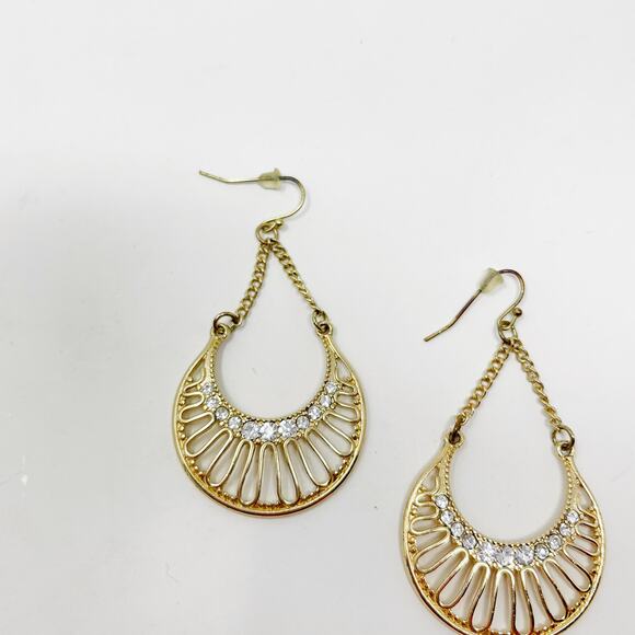 Gold Tone Rhinestone Dangle Drop Earrings Open Work Fashion Costume Statement - Picture 3 of 4